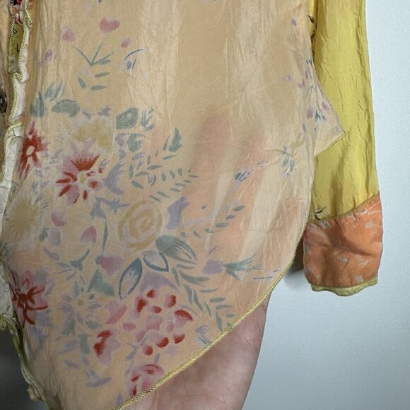 J Jill Ruffle Sheer Blouse Button Front Size S Floral Yellow Orange Cottagecore - Picture 7 of 14